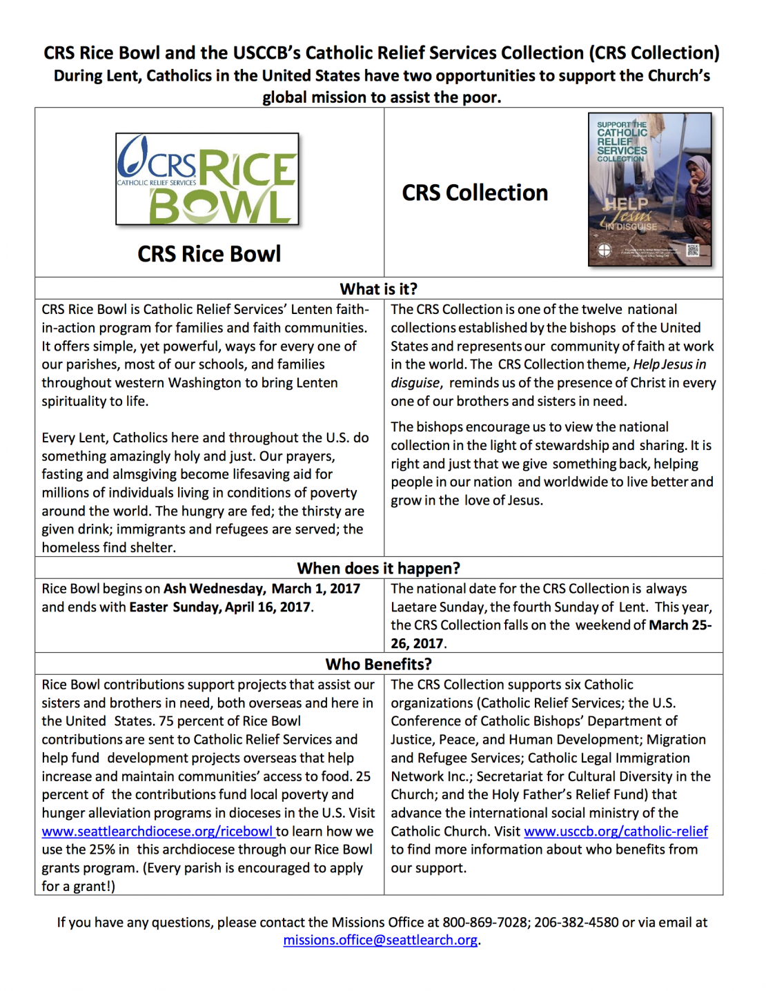 Catholic Relief Services Collection 2017 Saint Patrick Catholic Church